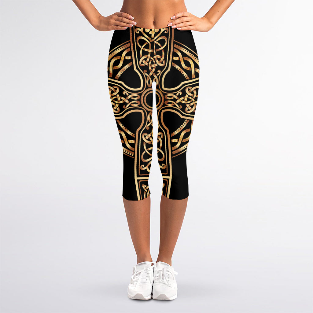 Gold Celtic Knot Cross Print Women's Capri Leggings
