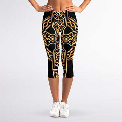 Gold Celtic Knot Cross Print Women's Capri Leggings