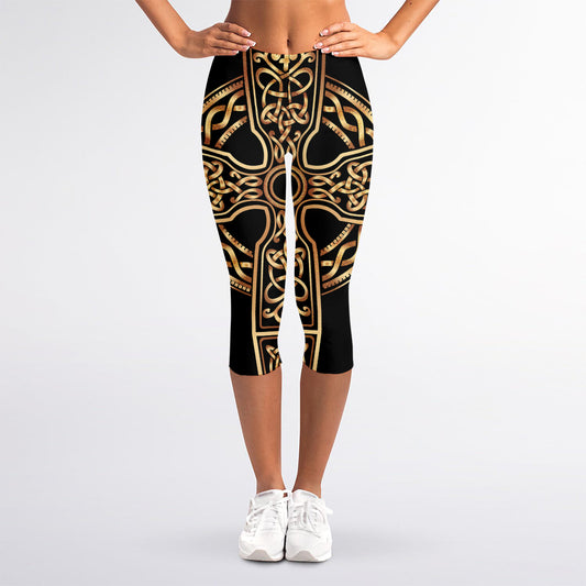 Gold Celtic Knot Cross Print Women's Capri Leggings