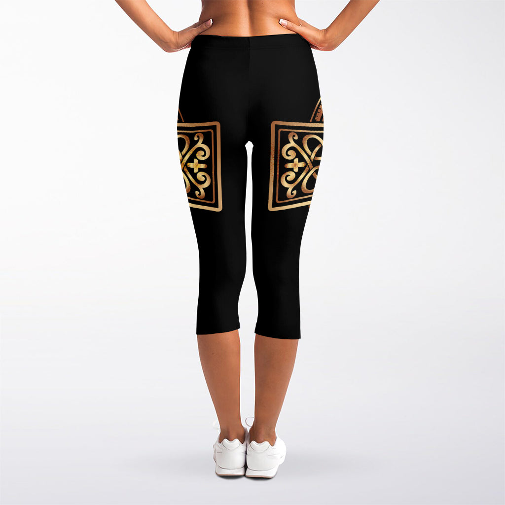 Gold Celtic Knot Cross Print Women's Capri Leggings