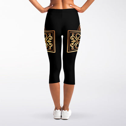 Gold Celtic Knot Cross Print Women's Capri Leggings