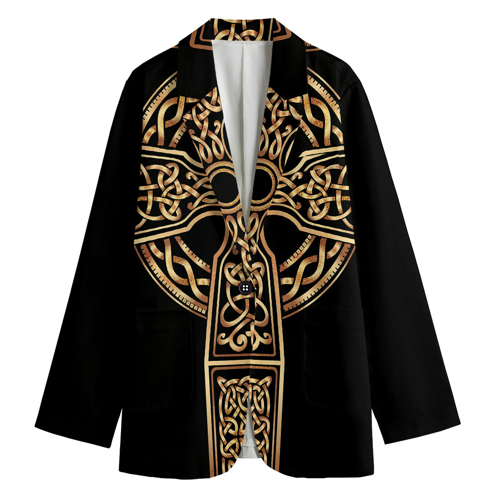 Gold Celtic Knot Cross Print Women's Cotton Blazer