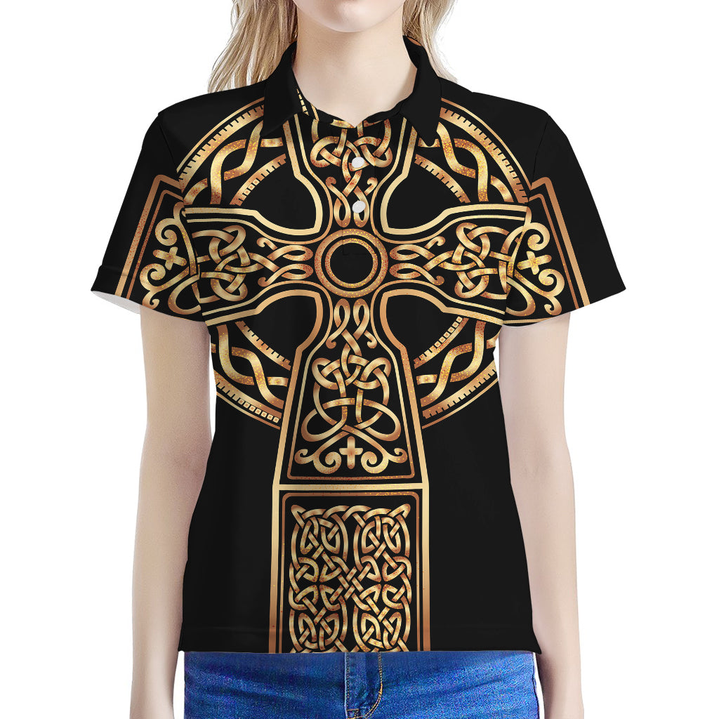 Gold Celtic Knot Cross Print Women's Polo Shirt