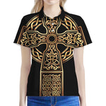 Gold Celtic Knot Cross Print Women's Polo Shirt