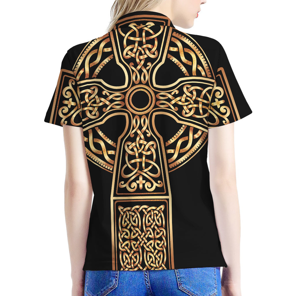 Gold Celtic Knot Cross Print Women's Polo Shirt