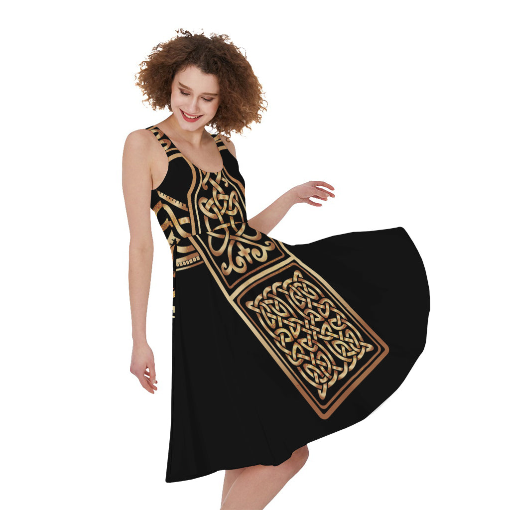 Gold Celtic Knot Cross Print Women's Sleeveless Dress