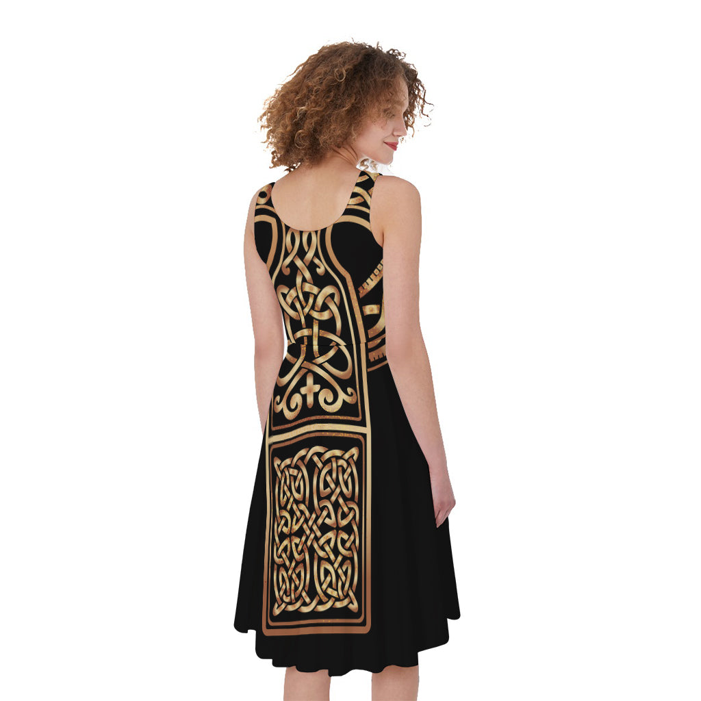 Gold Celtic Knot Cross Print Women's Sleeveless Dress
