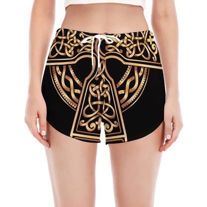 Gold Celtic Knot Cross Print Women's Split Running Shorts