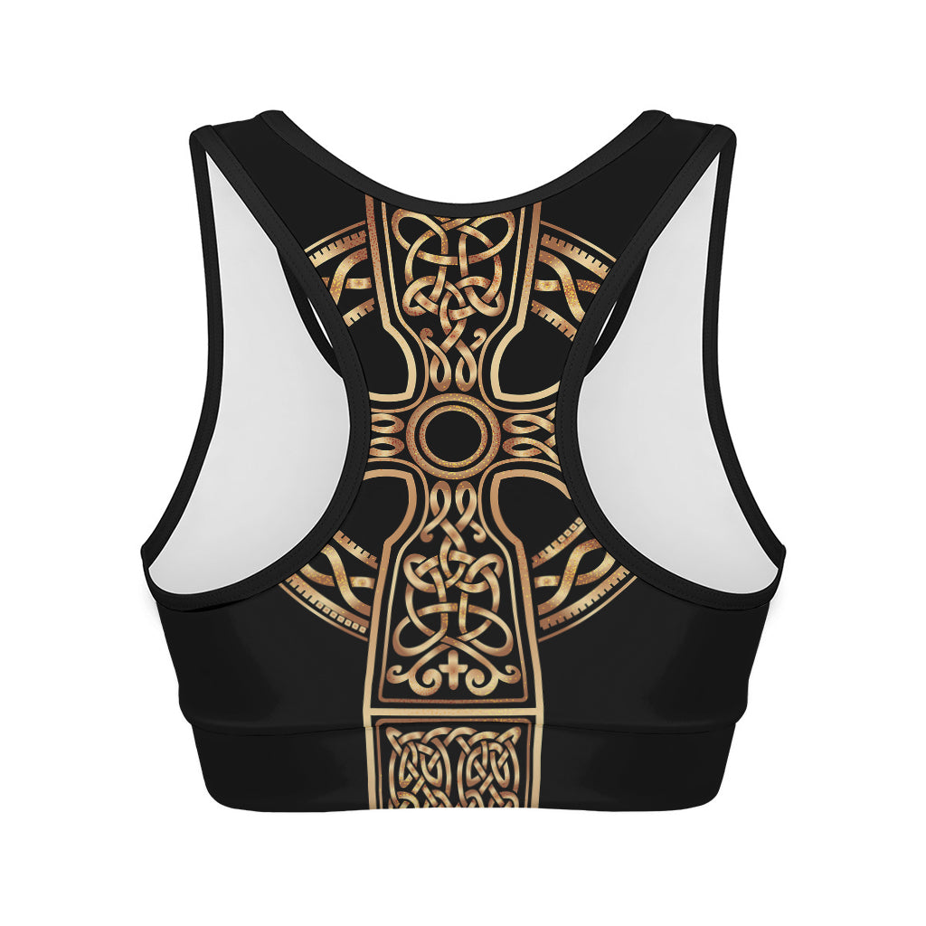 Gold Celtic Knot Cross Print Women's Sports Bra