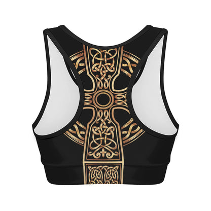 Gold Celtic Knot Cross Print Women's Sports Bra