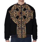 Gold Celtic Knot Cross Print Zip Sleeve Bomber Jacket