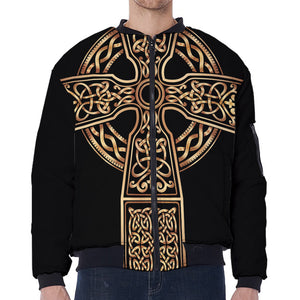 Gold Celtic Knot Cross Print Zip Sleeve Bomber Jacket