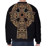 Gold Celtic Knot Cross Print Zip Sleeve Bomber Jacket