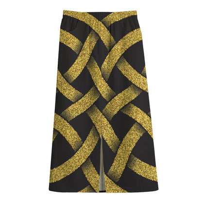 Gold Celtic Knot Symbol Print Cotton Front Slit Maxi Skirt