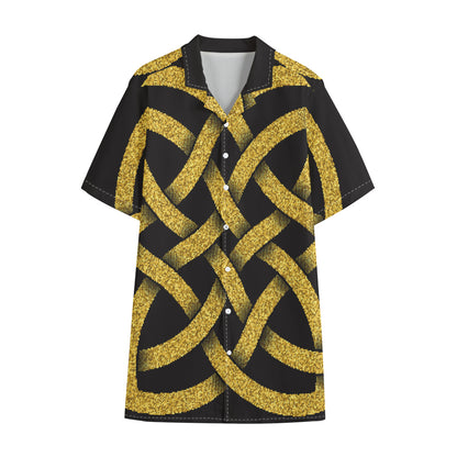 Gold Celtic Knot Symbol Print Cotton Hawaiian Shirt