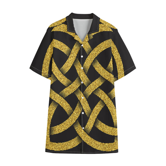 Gold Celtic Knot Symbol Print Cotton Hawaiian Shirt