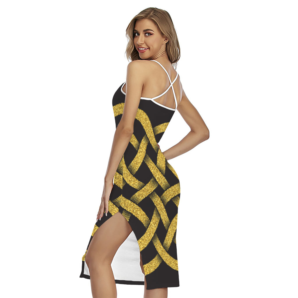 Gold Celtic Knot Symbol Print Cross Back Cami Dress