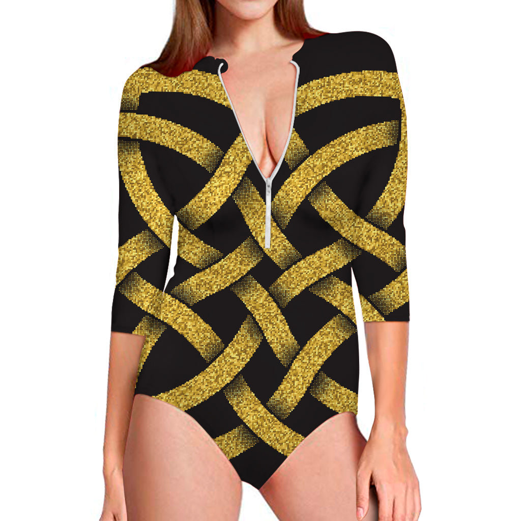 Gold Celtic Knot Symbol Print Long Sleeve Swimsuit