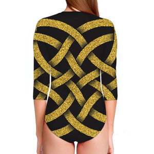 Gold Celtic Knot Symbol Print Long Sleeve Swimsuit