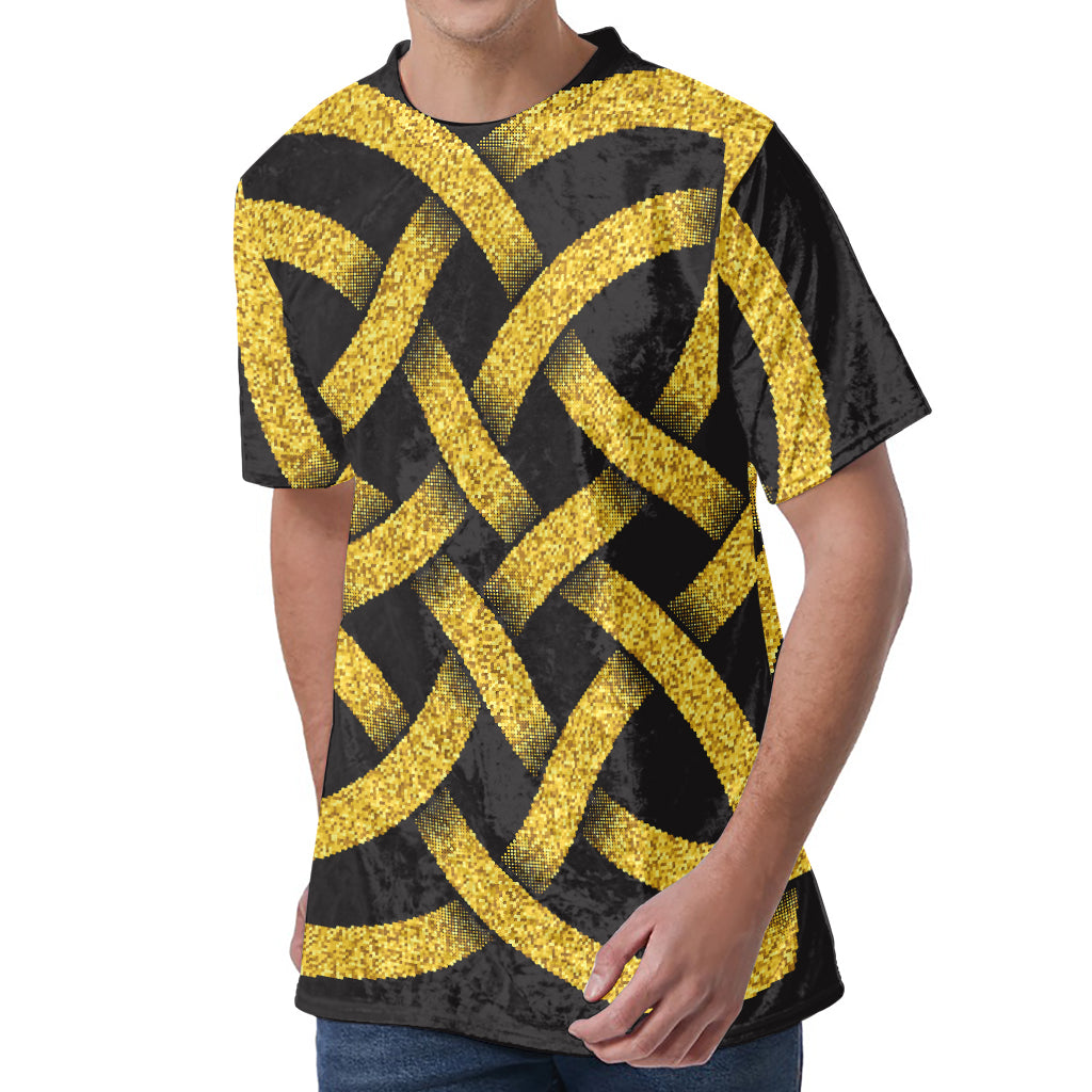 Gold Celtic Knot Symbol Print Men's Velvet T-Shirt