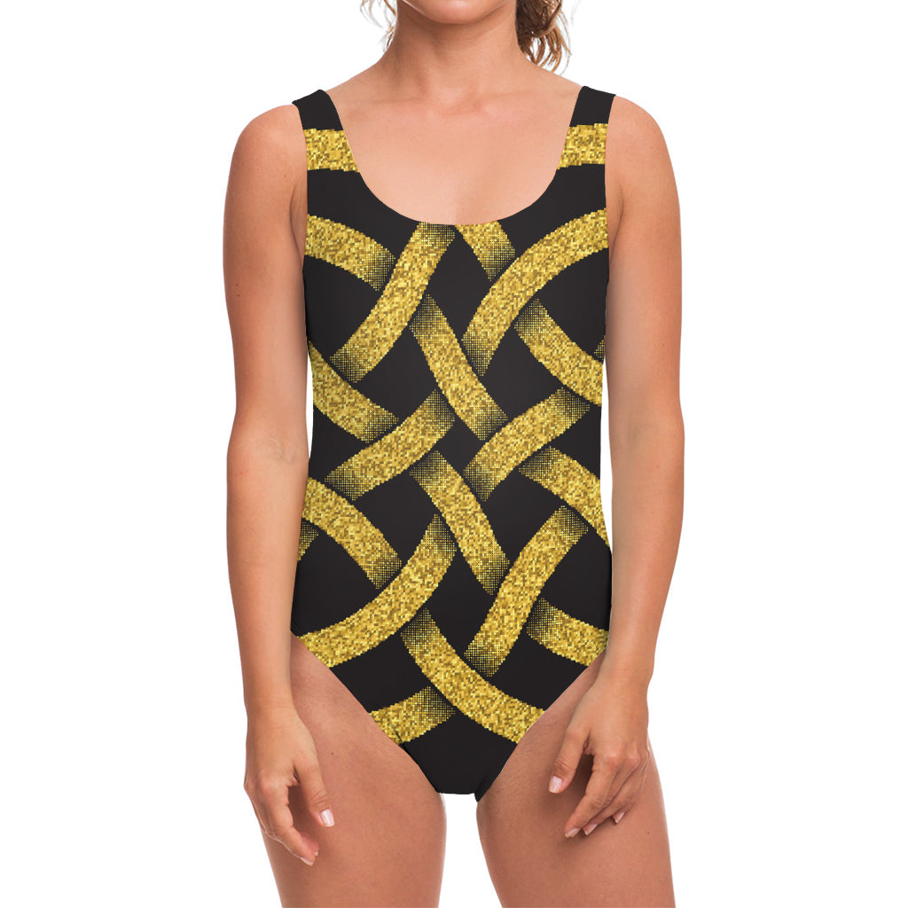 Gold Celtic Knot Symbol Print One Piece Swimsuit