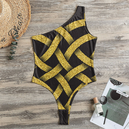 Gold Celtic Knot Symbol Print One Shoulder Bodysuit