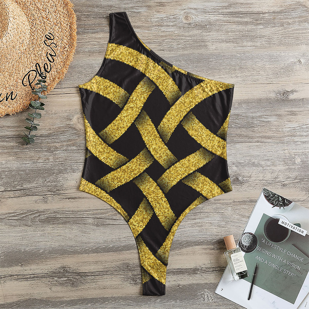 Gold Celtic Knot Symbol Print One Shoulder Bodysuit