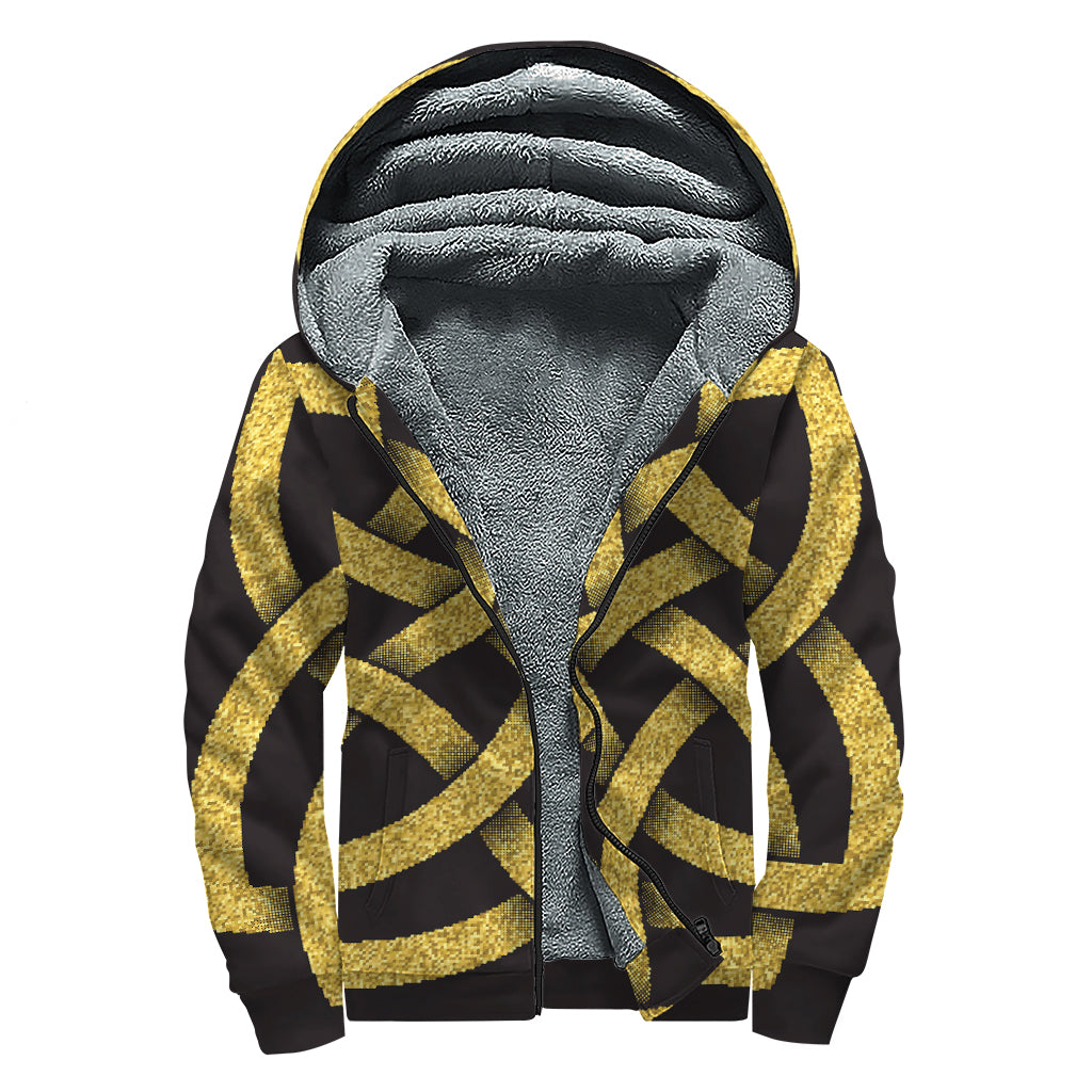 Gold Celtic Knot Symbol Print Sherpa Lined Zip Up Hoodie