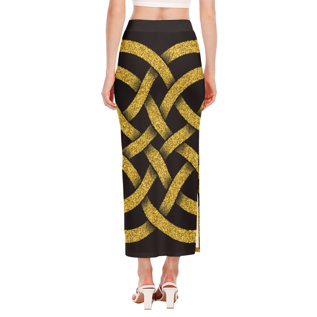 Gold Celtic Knot Symbol Print Side Slit Maxi Skirt