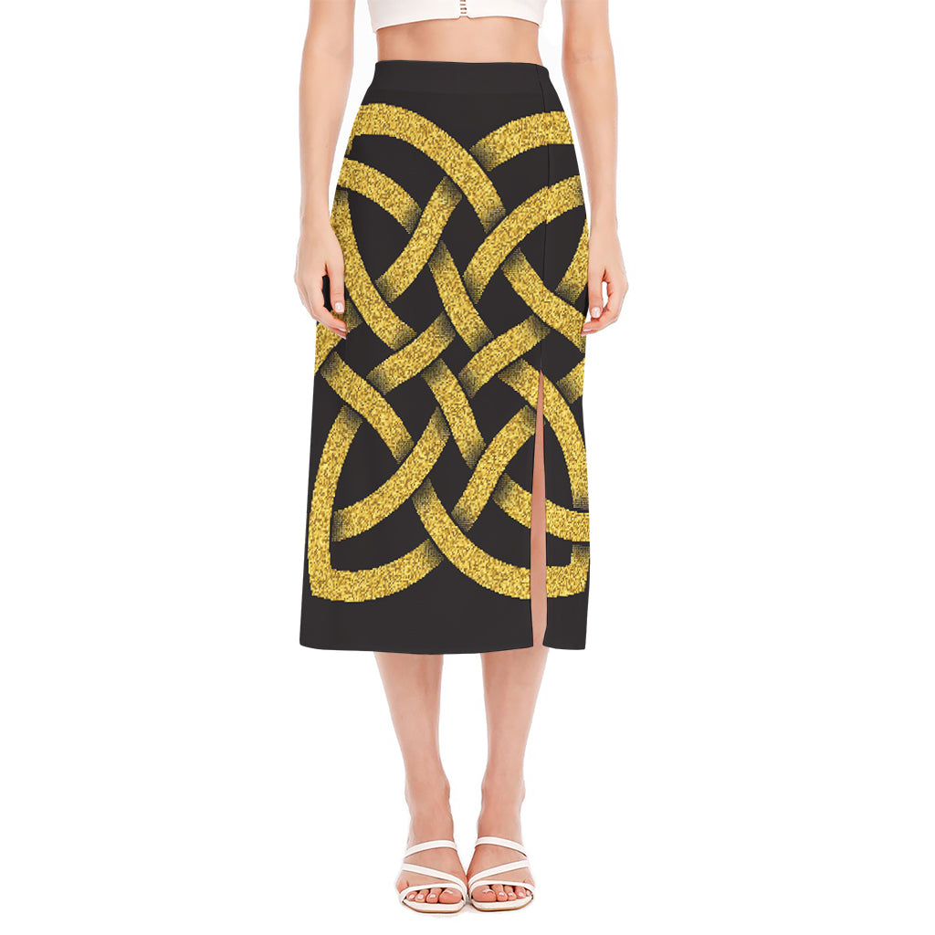 Gold Celtic Knot Symbol Print Side Slit Midi Skirt