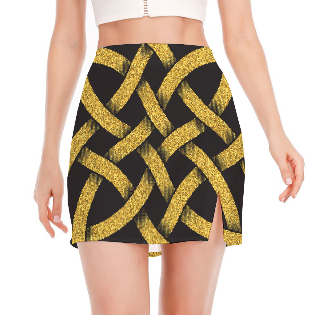 Gold Celtic Knot Symbol Print Side Slit Mini Skirt