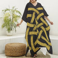 Gold Celtic Knot Symbol Print Silk V-Neck Kaftan Dress