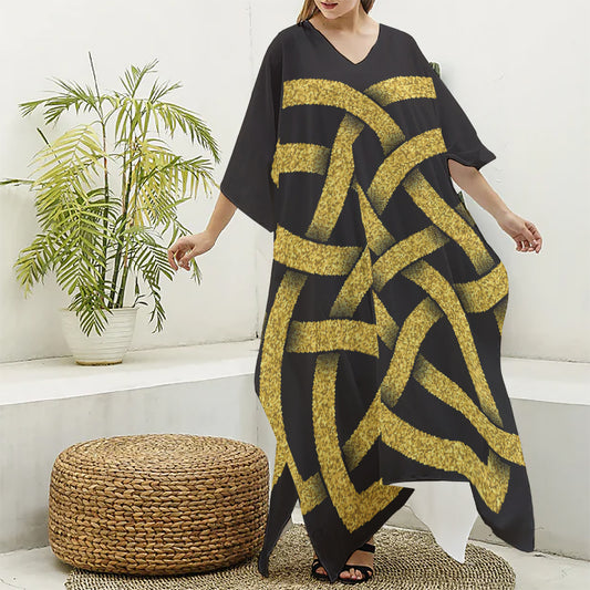 Gold Celtic Knot Symbol Print Silk V-Neck Kaftan Dress