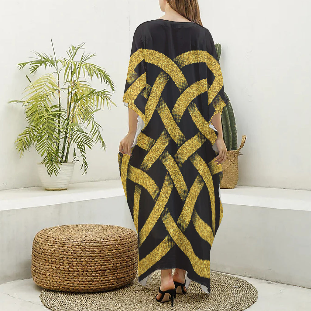 Gold Celtic Knot Symbol Print Silk V-Neck Kaftan Dress