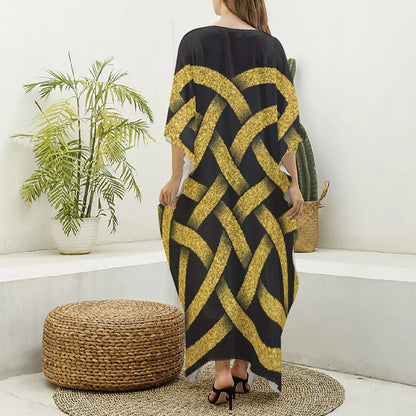 Gold Celtic Knot Symbol Print Silk V-Neck Kaftan Dress
