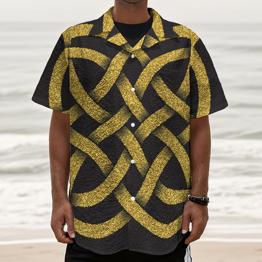 Gold Celtic Knot Symbol Print Textured Short Sleeve Shirt