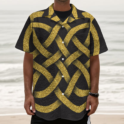 Gold Celtic Knot Symbol Print Textured Short Sleeve Shirt
