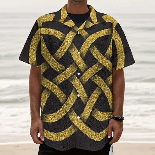 Gold Celtic Knot Symbol Print Textured Short Sleeve Shirt
