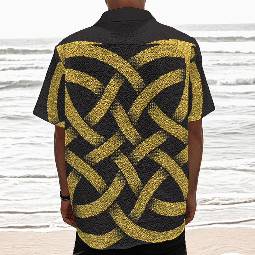 Gold Celtic Knot Symbol Print Textured Short Sleeve Shirt