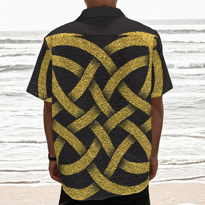 Gold Celtic Knot Symbol Print Textured Short Sleeve Shirt