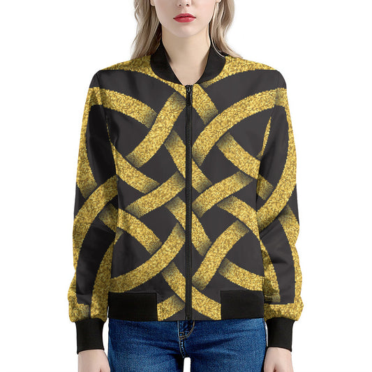 Gold Celtic Knot Symbol Print Women's Bomber Jacket