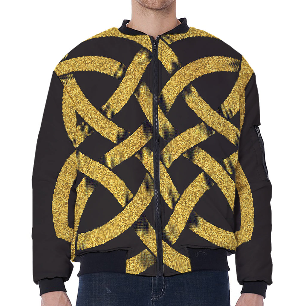 Gold Celtic Knot Symbol Print Zip Sleeve Bomber Jacket