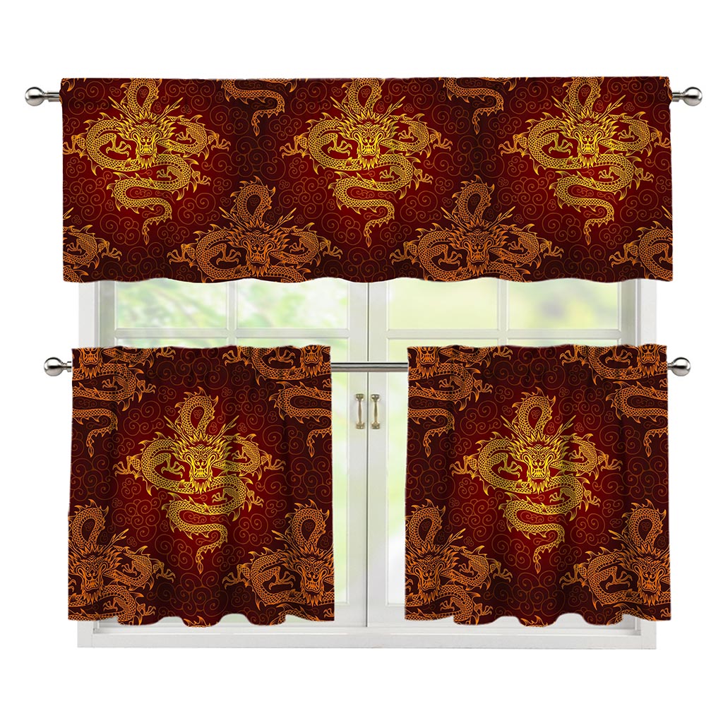 Gold Chinese Dragon Pattern Print 3 Piece Kitchen Curtains
