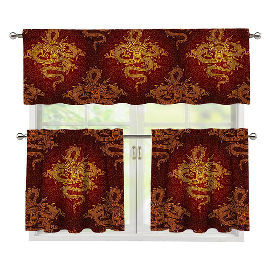 Gold Chinese Dragon Pattern Print 3 Piece Kitchen Curtains
