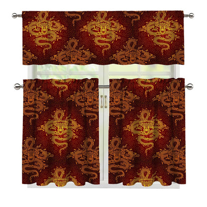 Gold Chinese Dragon Pattern Print 3 Piece Kitchen Curtains