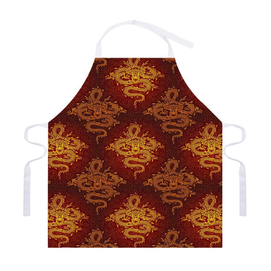 Gold Chinese Dragon Pattern Print Adjustable Apron