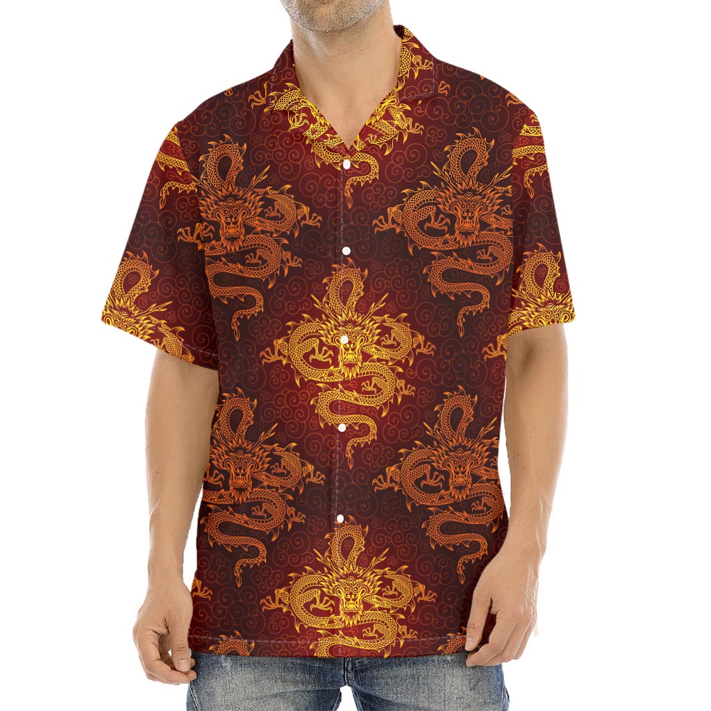 Gold Chinese Dragon Pattern Print Aloha Shirt