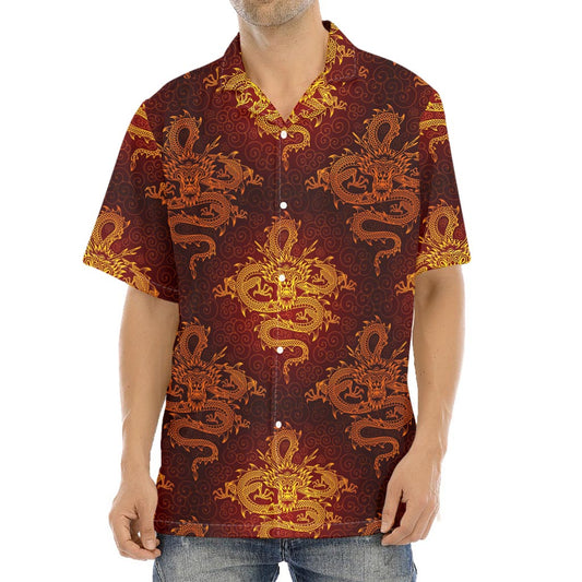 Gold Chinese Dragon Pattern Print Aloha Shirt