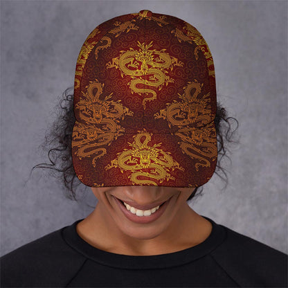 Gold Chinese Dragon Pattern Print Baseball Cap