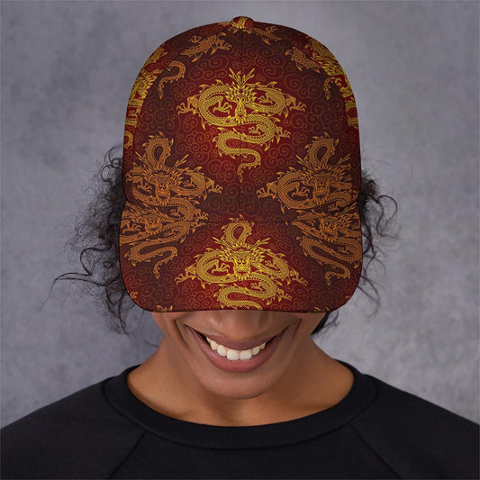Gold Chinese Dragon Pattern Print Baseball Cap